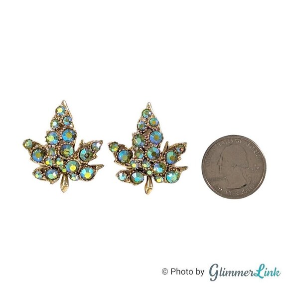 Vintage BSK Aurora Borealis Maple Leaf Gold Tone Ear Climber Clip On Earrings - Picture 5 of 9